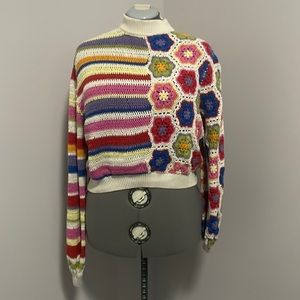 FARM RIO rainbow crochet asymmetrical sweater size L